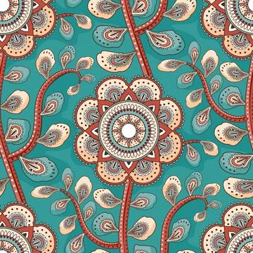Seamless oriental pattern with mandala &amp; turkish cucumber. Vector laced flowers 스톡 일러스트