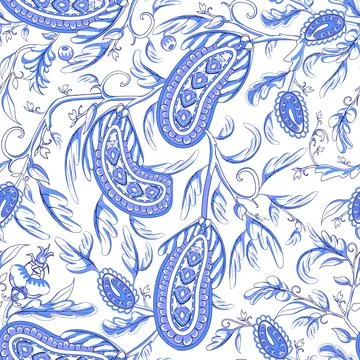 Seamless oriental pattern with stylized leaves and flowers. Stock Illustration