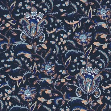 Seamless oriental pattern with stylized leaves and flowers. Floral texture Stock Illustration