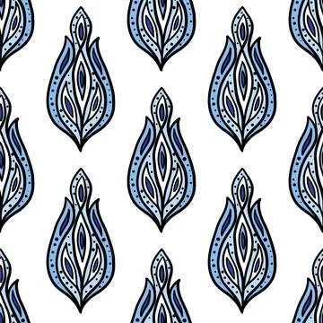 Seamless ornamental buta pattern with blue petal shapes Stock Illustration