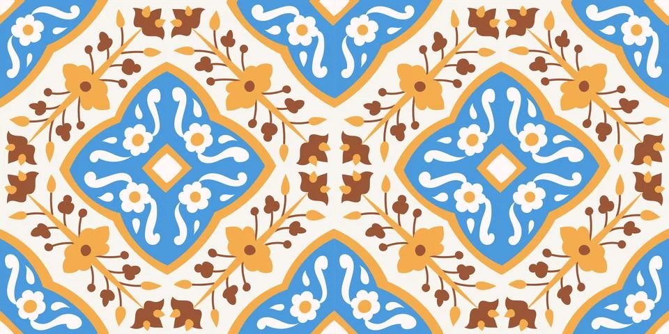 Seamless ornamental Mediterranean tile pattern featuring repeating blue diamo Stock Illustration