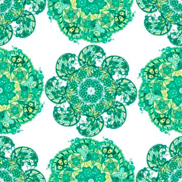 Seamless ornamental pattern with circle pattern elements in green and marine Stock Illustration