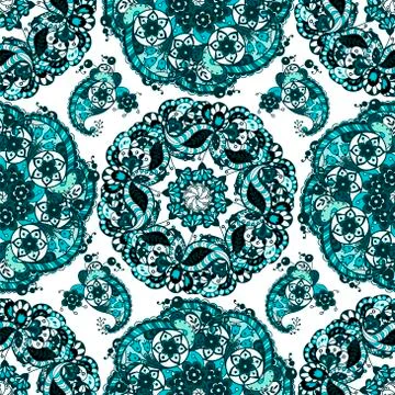 Seamless ornamental pattern with circle pattern elements in blue and marine c Stock Illustration