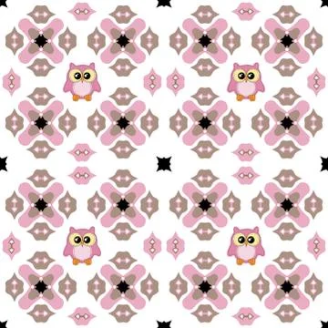 Seamless ornate pattern with cute owl in pink and brown Illustrazione stock