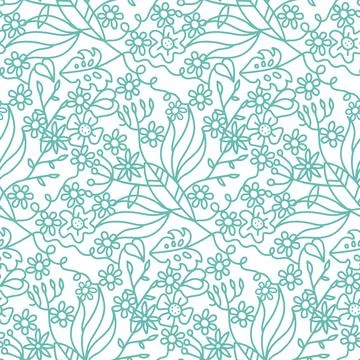 Seamless ornate pattern with flowers, tropical branches, palm leaves. Trendy Stock Illustration