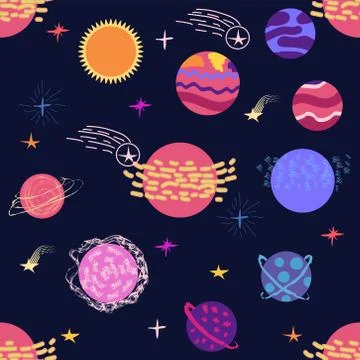 Seamless outer space ufo rocket science kids background pattern Stock Illustration