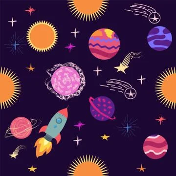Seamless outer space ufo rocket science kids background pattern Stock Illustration
