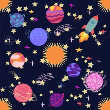 Seamless outer space ufo rocket science kids background pattern Stock Illustration