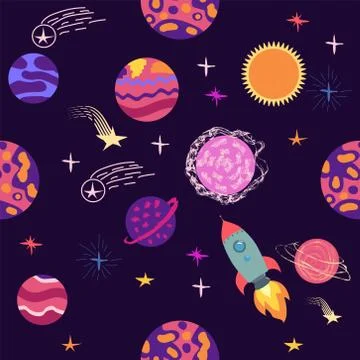 Seamless outer space ufo rocket science kids background pattern Stock Illustration