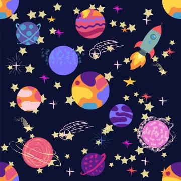Seamless outer space ufo rocket science kids background pattern Stock Illustration