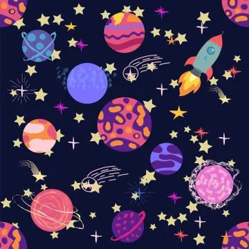 Seamless outer space ufo rocket science kids background pattern Stock Illustration