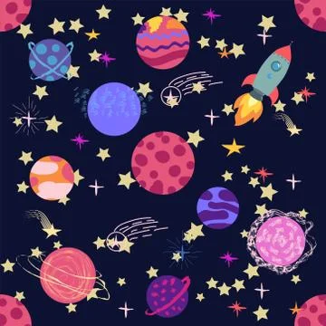 Seamless outer space ufo rocket science kids background pattern Stock Illustration
