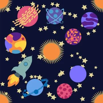 Seamless outer space ufo rocket science kids background pattern Stock Illustration