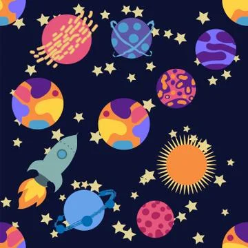 Seamless outer space ufo rocket science kids background pattern Stock Illustration