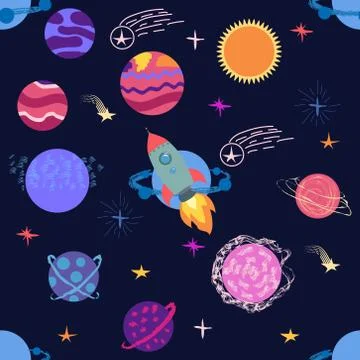 Seamless outer space ufo rocket science kids background pattern Stock Illustration