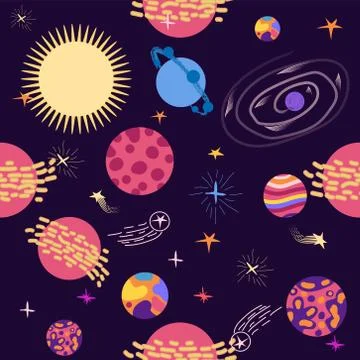 Seamless outer space ufo rocket science kids background pattern Stock Illustration