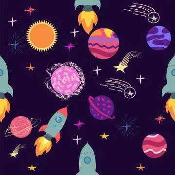 Seamless outer space ufo rocket science kids background pattern Stock Illustration