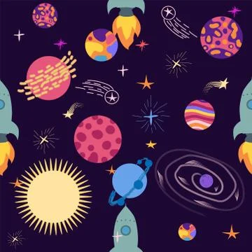 Seamless outer space ufo rocket science kids background pattern Illustrazione stock