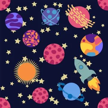 Seamless outer space ufo rocket science kids background pattern Stock Illustration