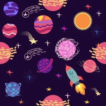 Seamless outer space ufo rocket science kids background pattern Stock Illustration