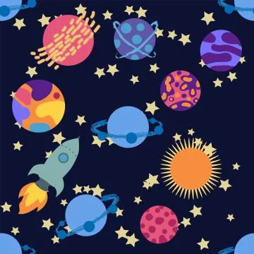 Seamless outer space ufo rocket science kids background pattern Stock Illustration
