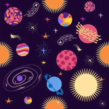Seamless outer space ufo rocket science kids background pattern Illustrazione stock