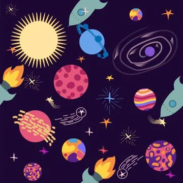 Seamless outer space ufo rocket science kids background pattern Stock Illustration