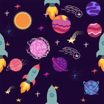 Seamless outer space ufo rocket science kids background pattern Stock Illustration