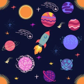 Seamless outer space ufo rocket science kids background pattern Stock Illustration