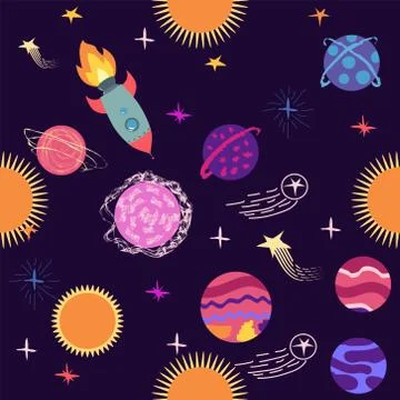 Seamless outer space ufo rocket science kids background pattern Stock Illustration