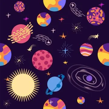 Seamless outer space ufo rocket science kids background pattern Stock Illustration