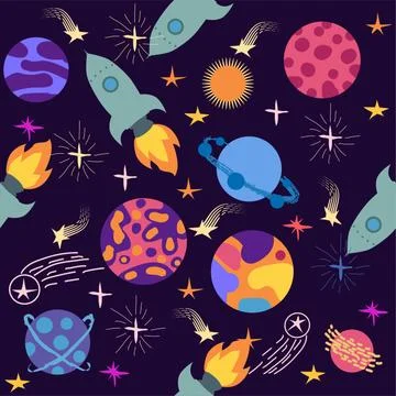 Seamless outer space ufo rocket science kids background pattern Stock Illustration