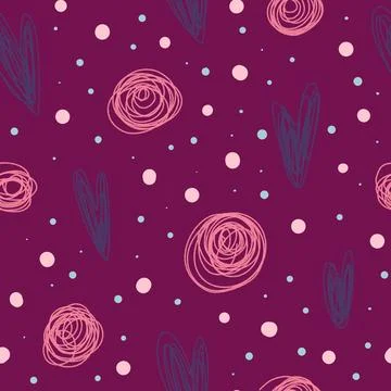 A seamless outline pattern with hearts and circles. purple background Stock Illustration