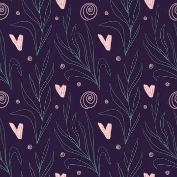 A seamless outline pattern with hearts and plants. purple background Stock Illustration