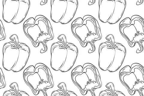 Seamless outline pattern with peppers. Doodle illustration of whole vegetable Stock Illustration