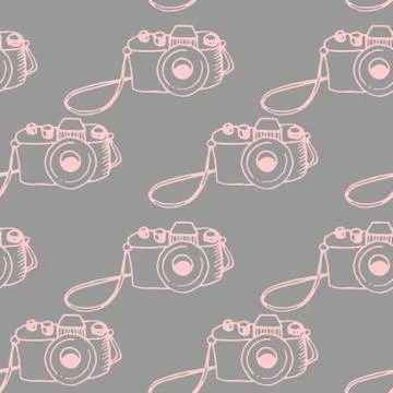 Seamless outline pattern with photo camera. Vector illustration for print, wr Illustrazione stock