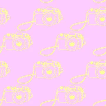 Seamless outline pattern with photo camera. Vector illustration for print, wr Illustrazione stock