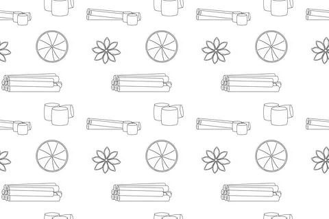 Seamless Outline Pattern of Spices, Citrus, and Marshmallows for Coloring Stock Illustration