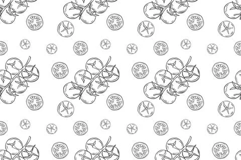 Seamless outline pattern with tomatoes. Doodle of whole twigs with vegetables Stock Illustration