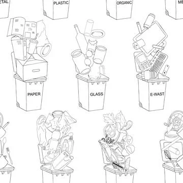 Seamless outline pattern. Trash cans with sorted garbage set. Different types Illustrazione stock