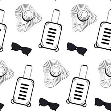 Seamless outline pattern of travel suitcase, wide brimmed hat with strips around Stock Illustration