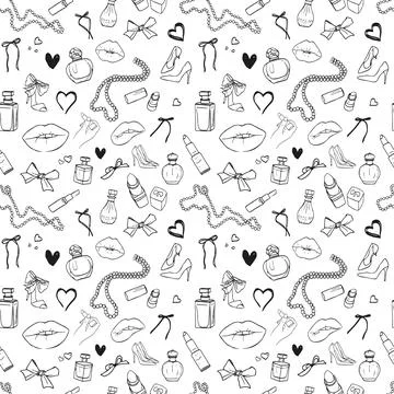 Seamless outline vector pattern of bows, pearls, liptick, hearts, perfumes. Blac 스톡 일러스트