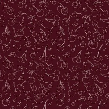 Seamless outline vector pattern with cherries. Red and pink pattern for fabrics, 스톡 일러스트