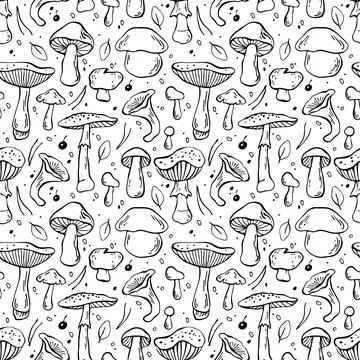 Seamless outline vector pattern with mushrooms Stock Illustration