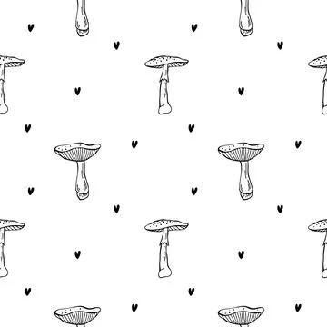 Seamless outline vector pattern with mushrooms Stock Illustration