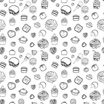 Seamless outline vector pattern of sweets, candies, cupcakes, chocolate. Black a 스톡 일러스트