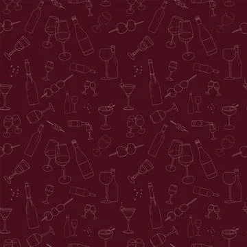 Seamless outline vector pattern with wine and cocktails. Red and pink pattern fo 스톡 일러스트