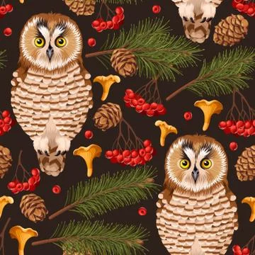 Seamless owl in the forest Stock Illustration