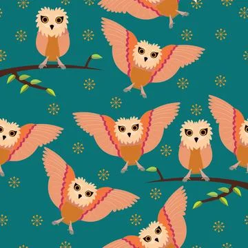 Seamless owl pattern with tuquoise background Stock Illustration