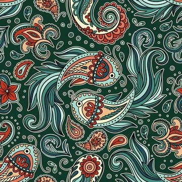 Seamless Paisley Pattern With Hand-Drawn Koi Fish And Ornamental Floral Detai Stock Illustration